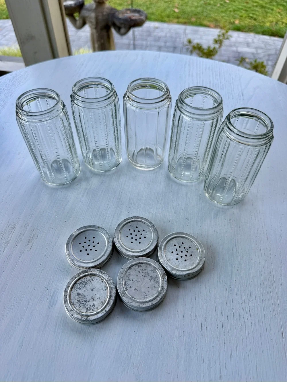 VINTAGE, SET/5, HOOSIER CABINET CLEAR GLASS SPICE JARS